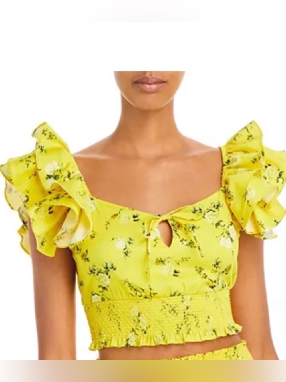 Alice + Olivia Yellow Floral Crop Top M Ruffle Sleeve Smocked Cottagecore